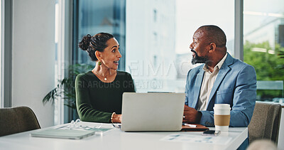 Buy stock photo Business, people and meeting with laptop in office for accounting, finance report and company growth. Surprise, team or pc with financial document, profit increase and results of investment proposal 