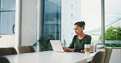 Buy stock photo Laptop, happy and businesswoman in office with research for finance report with company budget. Computer, smile and female financial manager working on investment proposal with email in workplace.