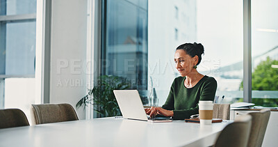 Buy stock photo Laptop, typing and businesswoman in office with research for finance report with company budget. Computer, smile and mature financial manager working on investment proposal with email in workplace.