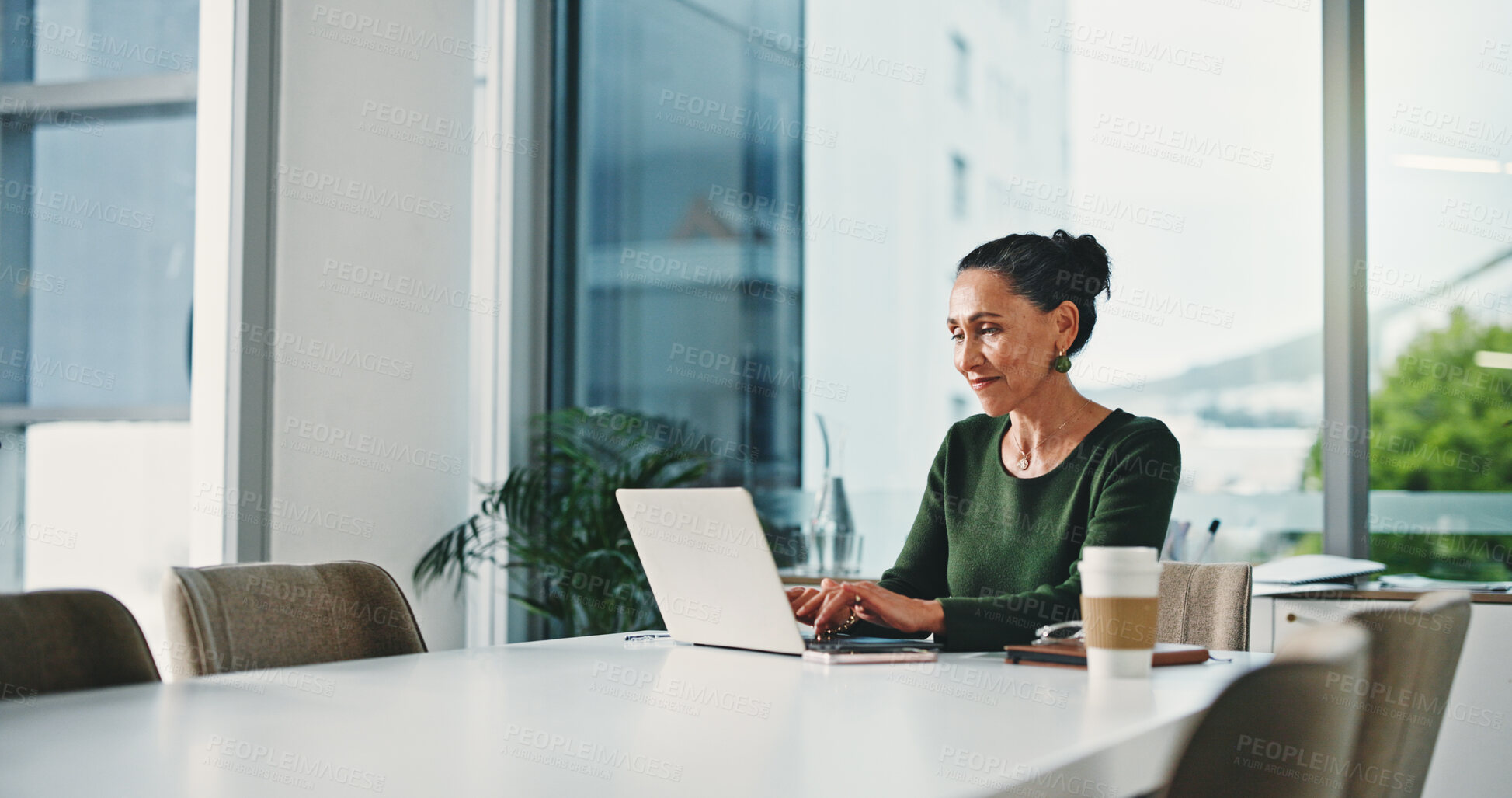 Buy stock photo Laptop, typing and businesswoman in office with research for finance report with company budget. Computer, smile and mature financial manager working on investment proposal with email in workplace.