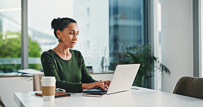 Buy stock photo Laptop, professional and businesswoman in office with research for finance report with company budget. Computer, reading and financial manager working on investment proposal with email in workplace.