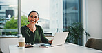 Laptop, happy and portrait of businesswoman in office with research for finance report with budget. Computer, smile and female financial manager working on investment proposal with email in workplace