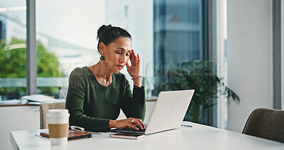 Buy stock photo Stress, headache and businesswoman in office with laptop for stock market crisis with investment. Computer, migraine and mature female financial manager with burnout for finance report in workplace.