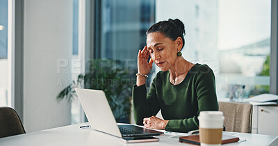Buy stock photo Tired, business woman or laptop with headache, stress or eye strain for pressure in office. Frustrated, female person or employee with migraine, computer or mistake for overworked or project deadline