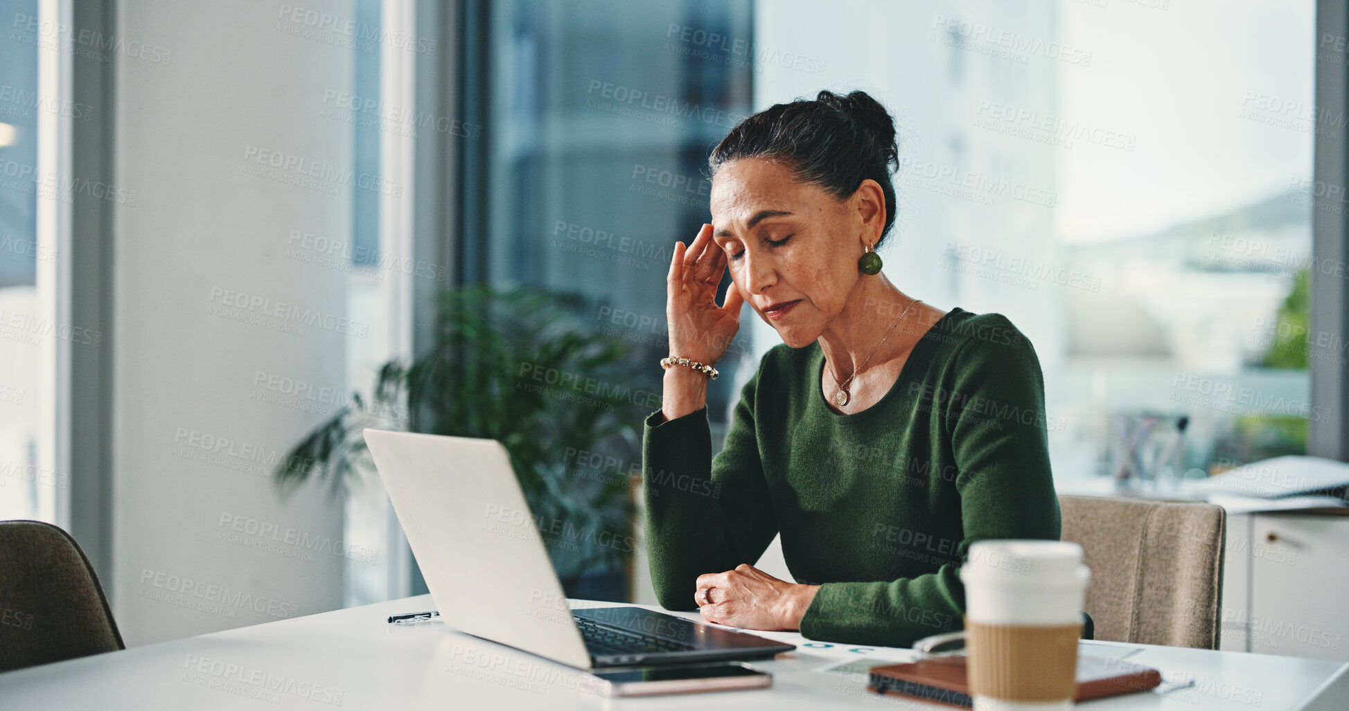 Buy stock photo Tired, business woman or laptop with headache, stress or eye strain for pressure in office. Frustrated, female person or employee with migraine, computer or mistake for overworked or project deadline
