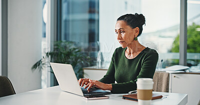 Buy stock photo Laptop, serious and businesswoman in office with research for finance report with company budget. Computer, reading and financial manager working on investment proposal with email in workplace.