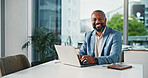 Portrait, business and black man with laptop in office for career pride, about us and accounting. Smile, mature person and pc with ambition, finance consultant and budget planning of investment offer