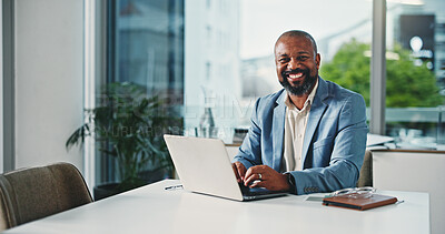 Buy stock photo Portrait, business and black man with laptop in office for career pride, about us and accounting. Smile, mature person and pc with ambition, finance consultant and budget planning of investment offer