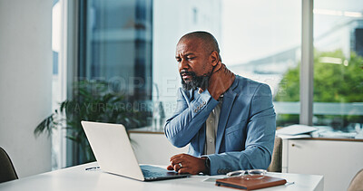 Buy stock photo Laptop, neck pain and businessman in office with finance project for bad ergonomics with posture. Computer, injury and African male financial manager with muscle sprain, torn ligament or inflammation