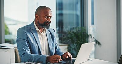 Buy stock photo Financial advisor, laptop and black man with stress, thinking and problem solving for inflation. African person, investor and employee with pc, frustrated or angry with email, review budget and upset