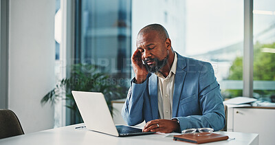 Buy stock photo Fatigue, headache and black man in office with laptop for stock market crisis with investment. Computer, migraine and African male financial manager with stress for finance report in workplace.