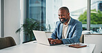 Laptop, happy and black man in office with research for finance report with business budget. Computer, smile and African male financial manager working on investment proposal with email in workplace.