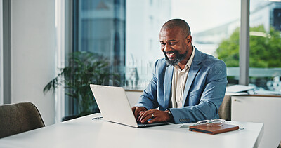 Buy stock photo Laptop, happy and black man in office with research for finance report with business budget. Computer, smile and African male financial manager working on investment proposal with email in workplace.