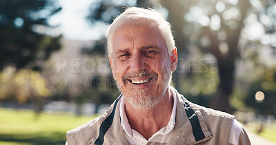 Buy stock photo Portrait, senior man and smile at park for peace, calm morning and holiday for retirement break. Happy, elderly male person and confident for travel, fresh air and explore nature for vacation outdoor