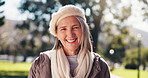 Clothes, portrait and smile of old woman in park for break, retirement or winter wellness. Fashion, outfit and style with happy senior person outdoor in nature for satisfaction or sunny morning