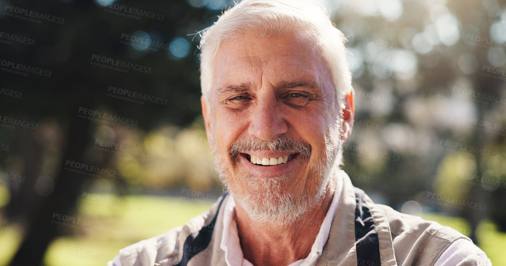 Buy stock photo Portrait, happy and senior man at park for peace, calm morning and holiday for retirement break. Bokeh, elderly male person and confident for travel, fresh air and explore nature for vacation outdoor