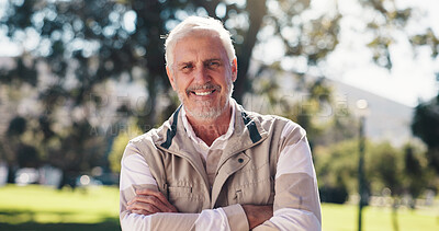 Buy stock photo Portrait, senior man and arms crossed at park for peace, calm morning and holiday for retirement. Happy, elderly male person and confident for travel, fresh air and explore nature on vacation outdoor