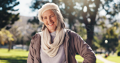 Buy stock photo Fashion, happy and portrait of old woman in nature for break, retirement or winter wellness. Clothes, outfit and style with smile of senior person outdoor in park for satisfaction or sunny morning