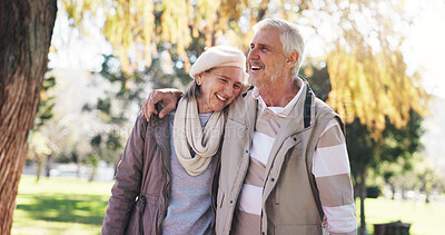 Buy stock photo Retirement, walk and couple in park with hug, love and bonding together in happy marriage. Romance, old man or woman in nature with embrace, connection and outdoor stroll in healthy relationship.