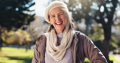 Buy stock photo Fashion, laughing and portrait of old woman in park for break, retirement or winter wellness. Clothes, outfit and style with funny senior person outdoor in nature for cold morning or satisfaction