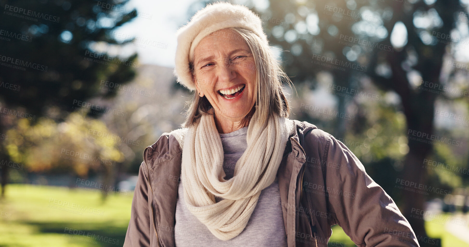 Buy stock photo Fashion, laughing and portrait of old woman in park for break, retirement or winter wellness. Clothes, outfit and style with funny senior person outdoor in nature for cold morning or satisfaction