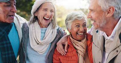 Buy stock photo Smile, hug and laughing with old people in park for retirement, bonding or support. Happiness, adventure and social reunion with couple of senior friends outdoor for health, embrace and joke together
