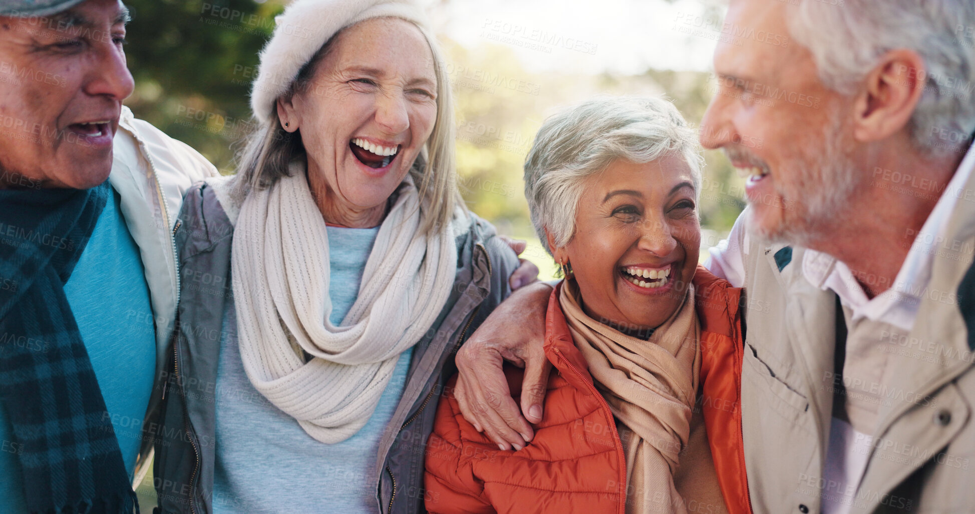 Buy stock photo Smile, hug and laughing with old people in park for retirement, bonding or support. Happiness, adventure and social reunion with couple of senior friends outdoor for health, embrace and joke together
