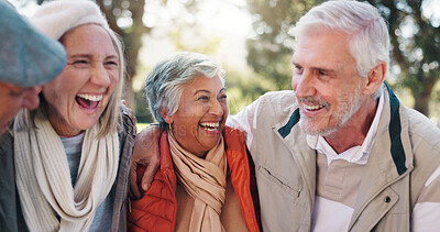 Buy stock photo Group, hug and laughing with old people in park for retirement, bonding or support. Happiness, trekking and social reunion with couple of senior friends outdoor for health, embrace and joke together