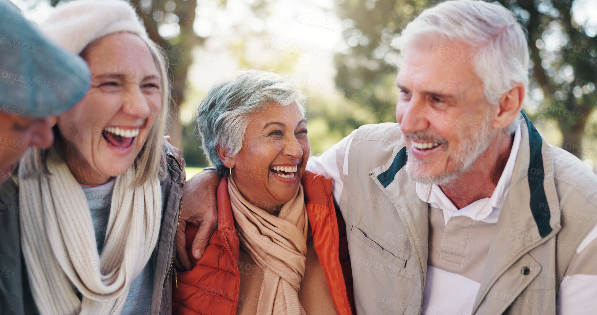 Buy stock photo Group, hug and laughing with old people in park for retirement, bonding or support. Happiness, trekking and social reunion with couple of senior friends outdoor for health, embrace and joke together