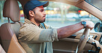Courier, delay and service with man in car for late delivery, distribution or shipment logistics. Ride, route and traffic with frustrated driver in vehicle for ecommerce or supply chain transport