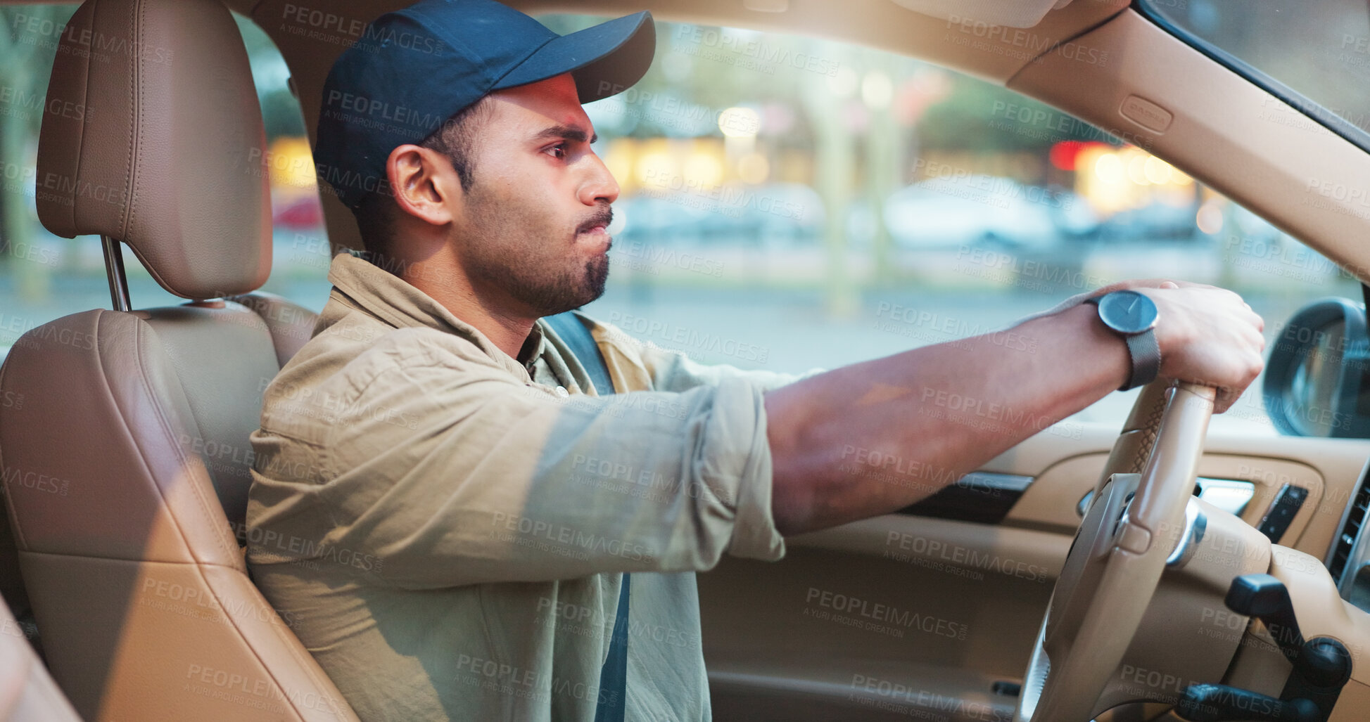 Buy stock photo Delay, stress and traffic with man in car for late arrival to destination at city location. Frustration, ride and route fail with annoyed driver in motor vehicle for transportation to urban town