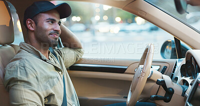 Buy stock photo Commute, smile and thinking with man in car for journey or travel to city location. Idea, ride and route with happy driver in motor vehicle for planning trip or transportation to urban destination