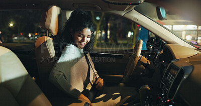 Buy stock photo Business, night and seatbelt with woman in car on city street for safe commute to destination. Drive, security and transportation with happy employee in vehicle for ride in dark urban location