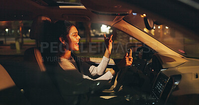 Buy stock photo Singing, driving or happy woman in car at night, listening to radio or dancing for travel entertainment. Transport, music playlist or driver with sound system for fun, dark road or trip in vehicle