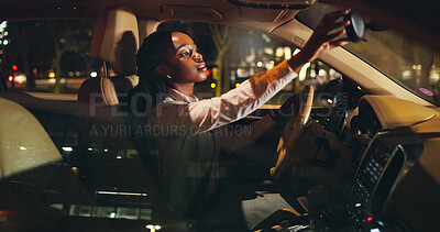 Buy stock photo Night, rearview mirror or black woman in car with check, business commute or travel in urban area. Inspection, journey or girl in vehicle with evening trip, transportation or city drive after work.