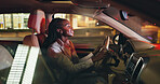 Business, night and travel with black woman in car on city street for commute to destination. Drive, smile and transportation with happy African employee in vehicle for ride in dark urban location