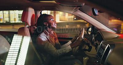 Buy stock photo Business, night and travel with black woman in car on city street for commute to destination. Drive, smile and transportation with happy African employee in vehicle for ride in dark urban location