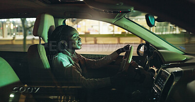 Buy stock photo Business, drive and night with black woman in car on city street for commute to destination. Journey, transportation and travel with happy African employee in vehicle for ride in dark urban location