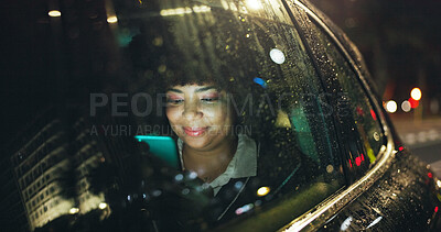 Buy stock photo Night, phone and woman by car window for travel, journey and social media chat. Mobile, taxi passenger and happy person in transport for commute, trip and online update for location with rain weather