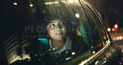 Buy stock photo Night, thinking and happy woman by car window with phone, transportation or remember memory in rain. Dark city perspective, mobile or person admire town with bokeh, travel or taxi trip for reflection
