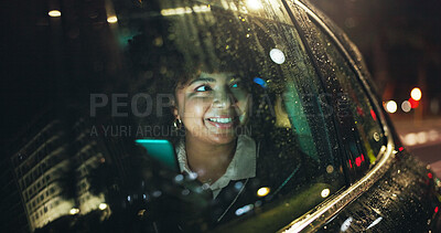 Buy stock photo Night, thinking and happy woman by car window with mobile, transportation or remember memory in rain. Dark city perspective, phone or person admire town with bokeh, travel or taxi trip for reflection