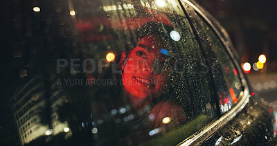 Buy stock photo Thinking, woman and window of car at night for travel, sightseeing city and tourism holiday. Happy, passenger and relax in vehicle with bokeh, rain weather and urban view for late journey of vacation