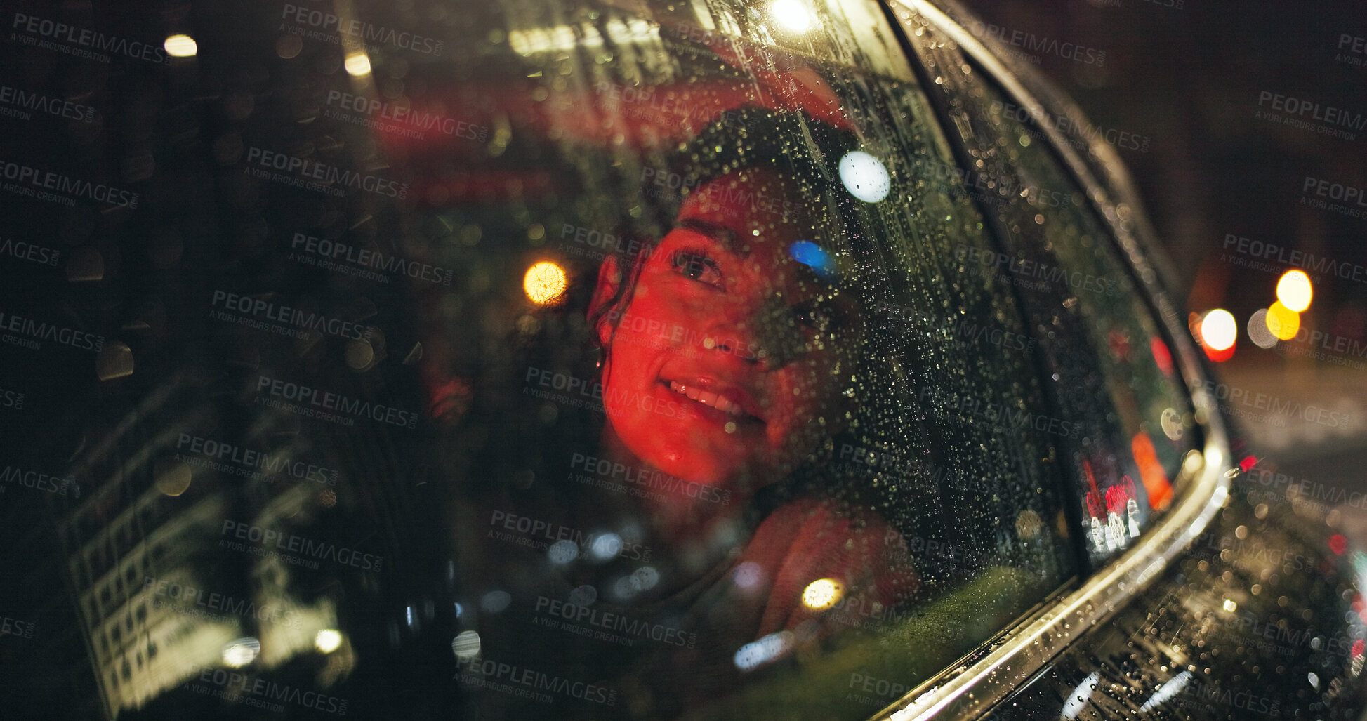 Buy stock photo Thinking, woman and window of car at night for travel, sightseeing city and tourism holiday. Happy, passenger and relax in vehicle with bokeh, rain weather and urban view for late journey of vacation