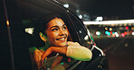 Happy, woman and window of car at night for travel, sightseeing city and tourism holiday. Smile, passenger and thinking in vehicle trip with fresh air, adventure and urban view for evening journey