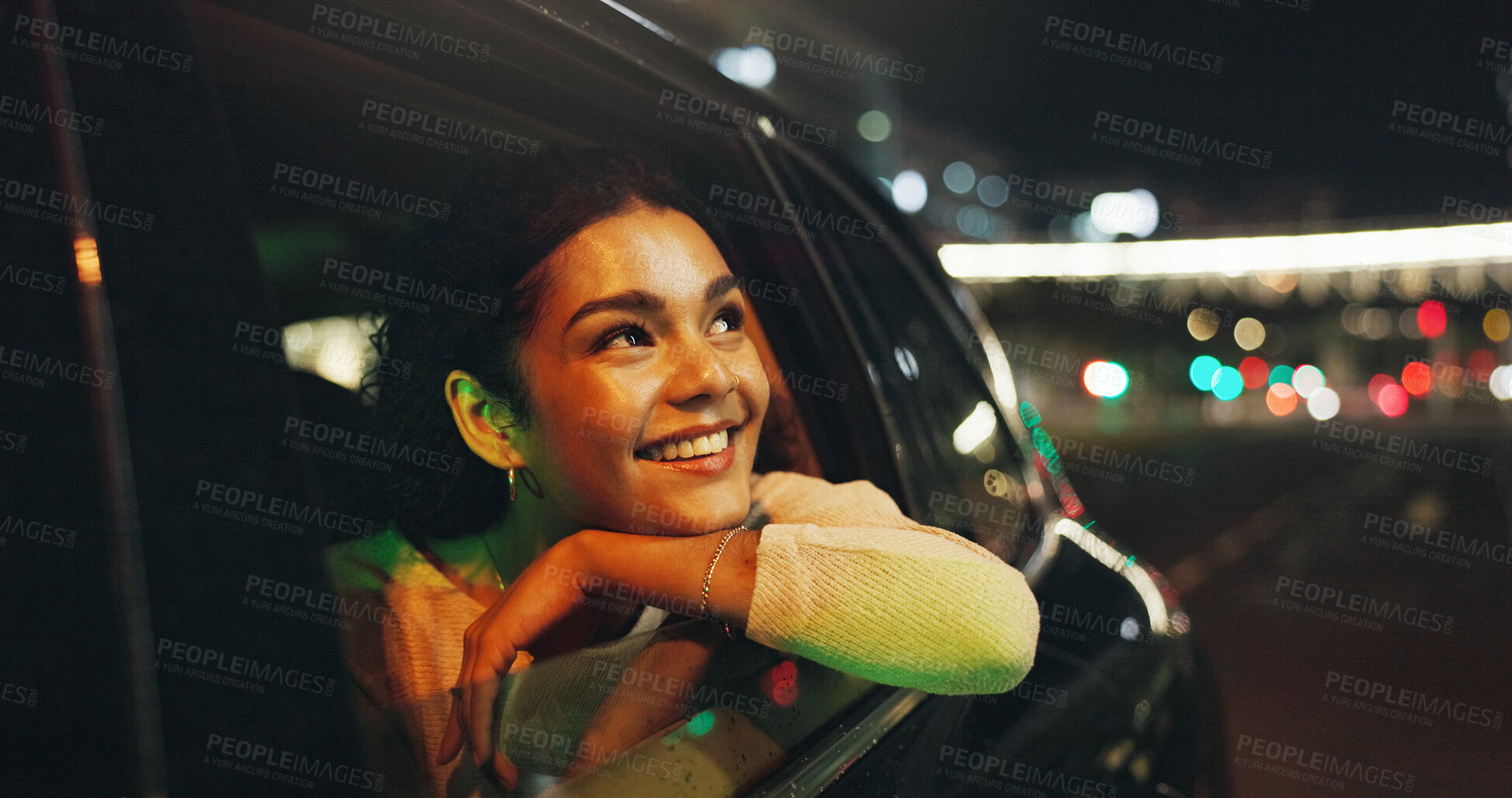 Buy stock photo Happy, woman and window of car at night for travel, sightseeing city and tourism holiday. Smile, passenger and thinking in vehicle trip with fresh air, adventure and urban view for evening journey