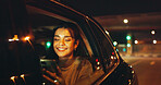 Texting, night or woman in car window with phone, online chat or notification on dating app. Happy, bokeh or girl in vehicle with mobile, romance match or partner search in late evening commute.