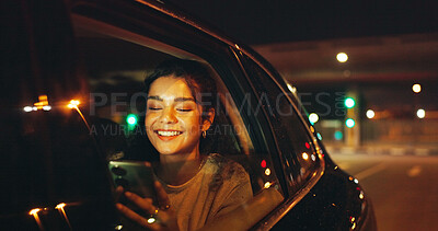 Buy stock photo Texting, night or woman in car window with phone, online chat or notification on dating app. Happy, bokeh or girl in vehicle with mobile, romance match or partner search in late evening commute.