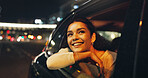 Happy, woman and window of vehicle at night for travel, sightseeing city and tourism holiday. Smile, passenger and thinking in car for fresh air, adventure trip and nightlife view for evening journey