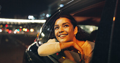 Buy stock photo Happy, woman and window of vehicle at night for travel, sightseeing city and tourism holiday. Smile, passenger and thinking in car for fresh air, adventure trip and nightlife view for evening journey