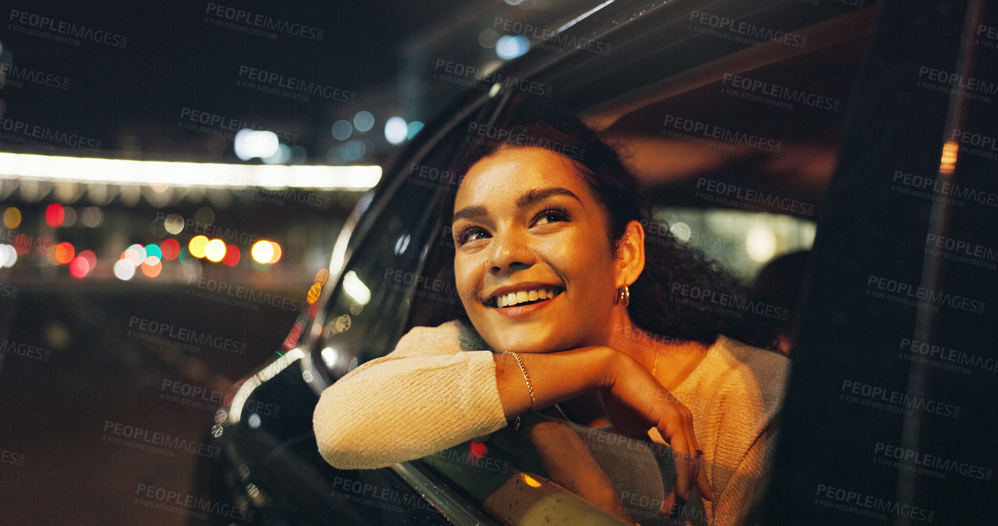 Buy stock photo Happy, woman and window of vehicle at night for travel, sightseeing city and tourism holiday. Smile, passenger and thinking in car for fresh air, adventure trip and nightlife view for evening journey